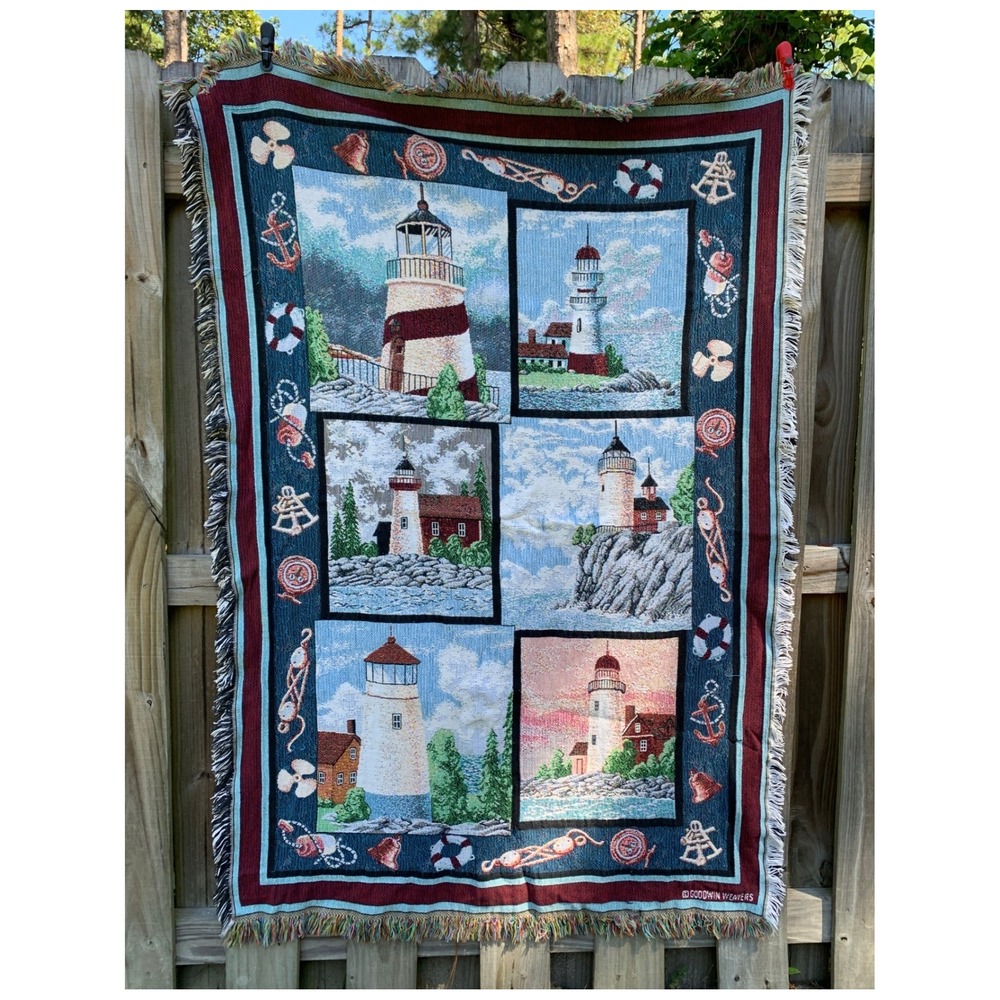 Vintage Goodwin Weavers Tapestry Blanket Nautical Lighthouse Throw Beach 60x40